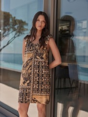 Soft Brown and Black Tile Print V-Neck Ruffle Sleeve Mini Dress with Linen - Image 1 of 3