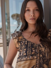 Soft Brown and Black Tile Print V-Neck Ruffle Sleeve Mini Dress with Linen - Image 3 of 3