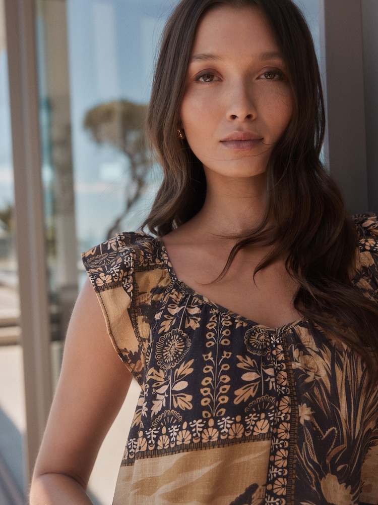 Soft Brown and Black Tile Print V-Neck Ruffle Sleeve Mini Dress with Linen - Image 3 of 3