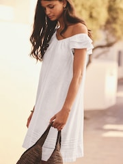 White V-Neck Ruffle Sleeve Mini Dress with Linen - Image 1 of 9