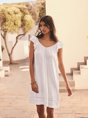 White V-Neck Ruffle Sleeve Mini Dress with Linen - Image 2 of 9