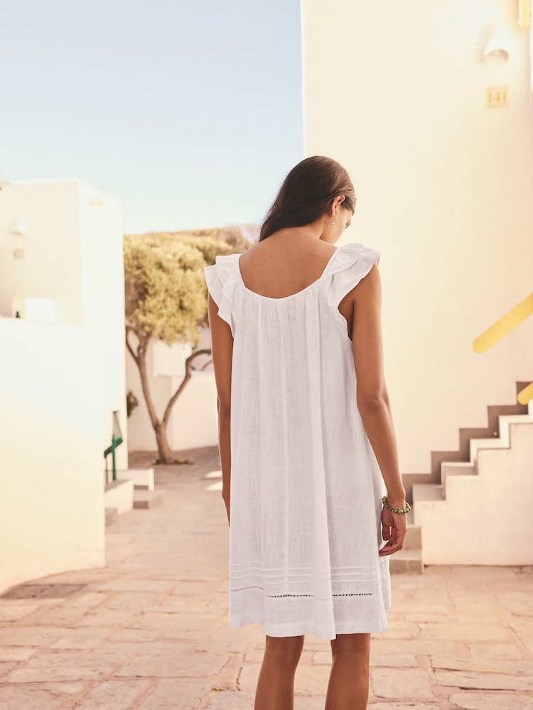 White V-Neck Ruffle Sleeve Mini Dress with Linen - Image 3 of 9