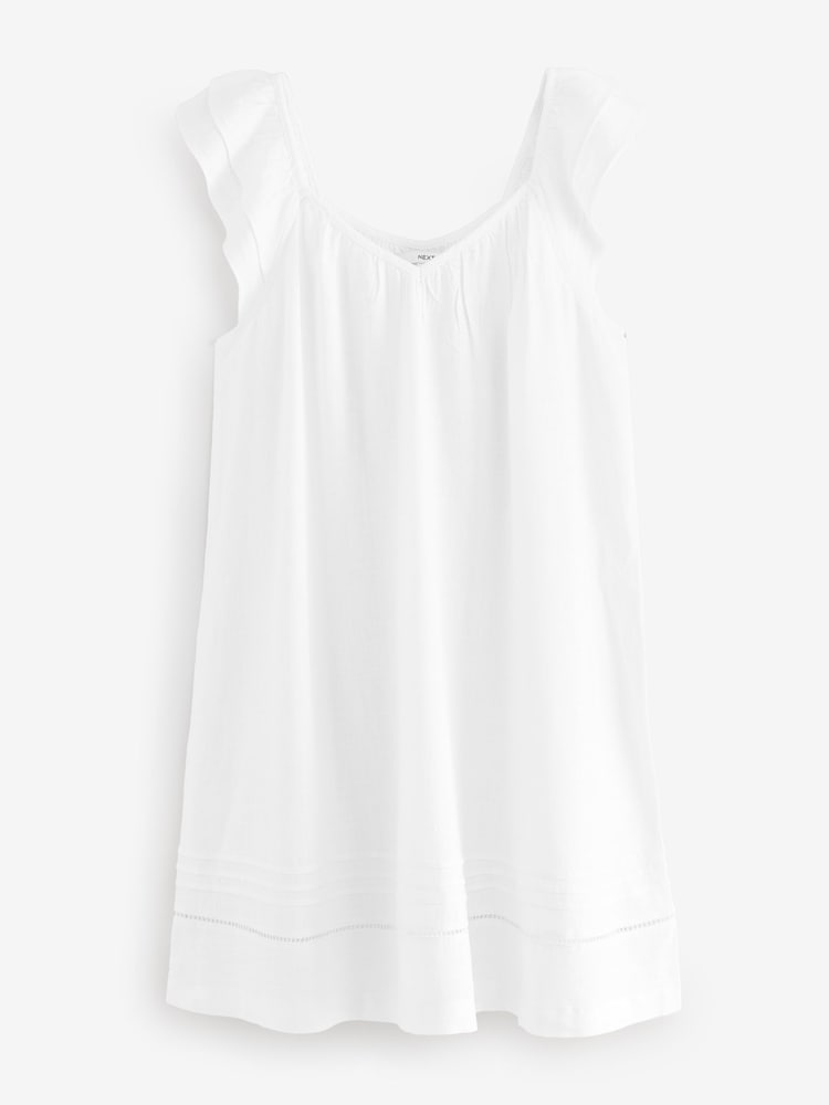White V-Neck Ruffle Sleeve Mini Dress with Linen - Image 6 of 9