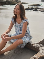 Blue Floral Print V-Neck Ruffle Sleeve Mini Dress with Linen - Image 1 of 8