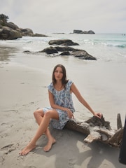 Blue Floral Print V-Neck Ruffle Sleeve Mini Dress with Linen - Image 2 of 8