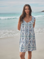 Blue Floral Print V-Neck Ruffle Sleeve Mini Dress with Linen - Image 3 of 8