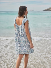 Blue Floral Print V-Neck Ruffle Sleeve Mini Dress with Linen - Image 4 of 8