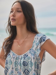 Blue Floral Print V-Neck Ruffle Sleeve Mini Dress with Linen - Image 5 of 8