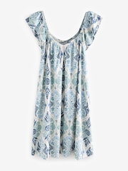 Blue Floral Print V-Neck Ruffle Sleeve Mini Dress with Linen - Image 6 of 8