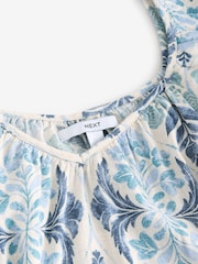 Blue Floral Print V-Neck Ruffle Sleeve Mini Dress with Linen - Image 7 of 8