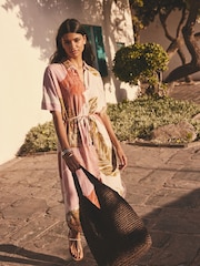Cream Palm Print Short Sleeve Tie Waist Midi Dress with Linen - Image 1 of 1