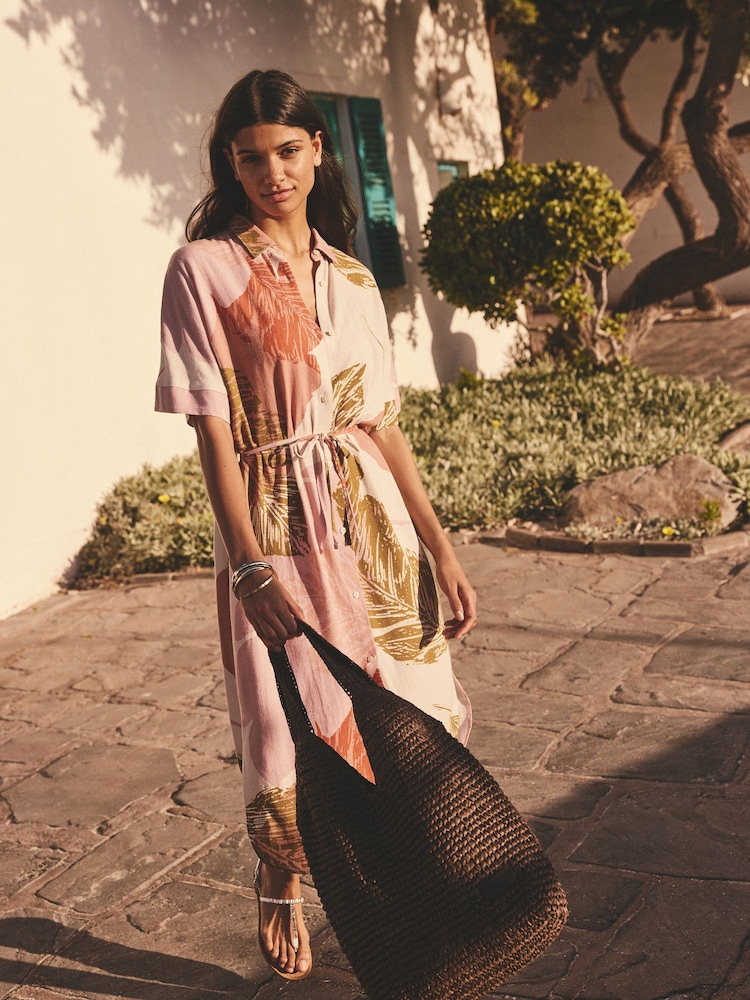 Cream Palm Print Short Sleeve Tie Waist Midi Dress with Linen - Image 1 of 1