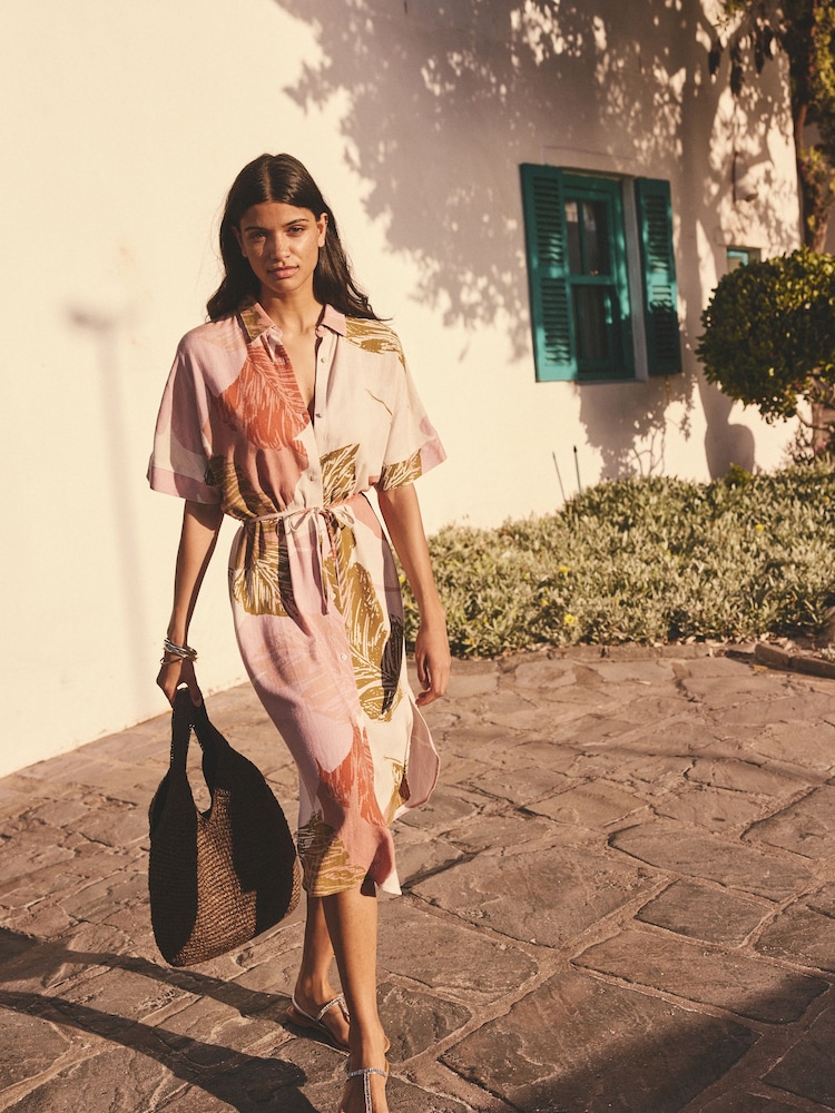 Cream Palm Print Short Sleeve Tie Waist Midi Dress with Linen - Image 3 of 7