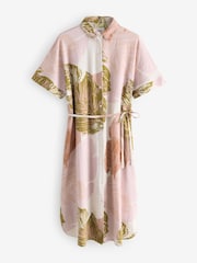Cream Palm Print Short Sleeve Tie Waist Midi Dress with Linen - Image 5 of 7