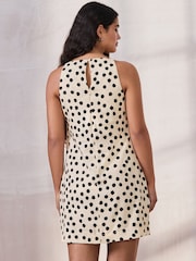 Cream/Black Polka Dot Mini Sleeveless Racer Stretch Linen Blend Dress - Image 3 of 5