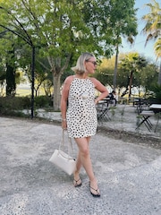 Cream/Black Polka Dot Mini Sleeveless Racer Stretch Linen Blend Dress - Image 4 of 5