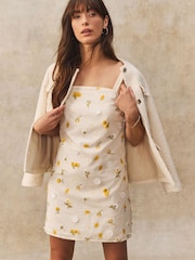 Cream/Yellow Floral Ditsy Print Embroidered 100% Cotton Mini Dress - Image 1 of 8