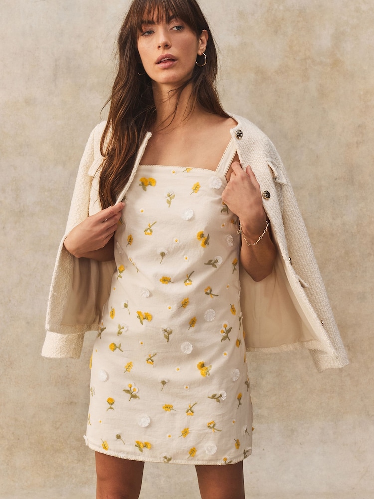 Cream/Yellow Floral Ditsy Print Embroidered 100% Cotton Mini Dress - Image 1 of 8