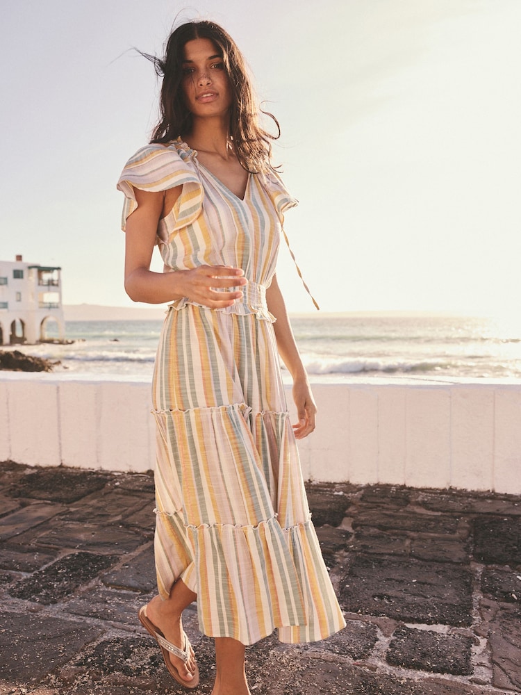 Off White and Blue Stripe Flutter Sleeve Tie Neck Elasticated Waist Tiered Midi Dress - Image 1 of 4