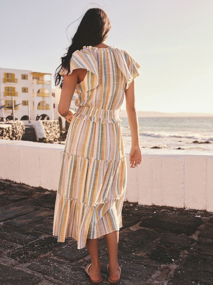 Off White and Blue Stripe Flutter Sleeve Tie Neck Elasticated Waist Tiered Midi Dress - Image 2 of 4