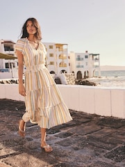 Off White and Blue Stripe Flutter Sleeve Tie Neck Elasticated Waist Tiered Midi Dress - Image 3 of 4