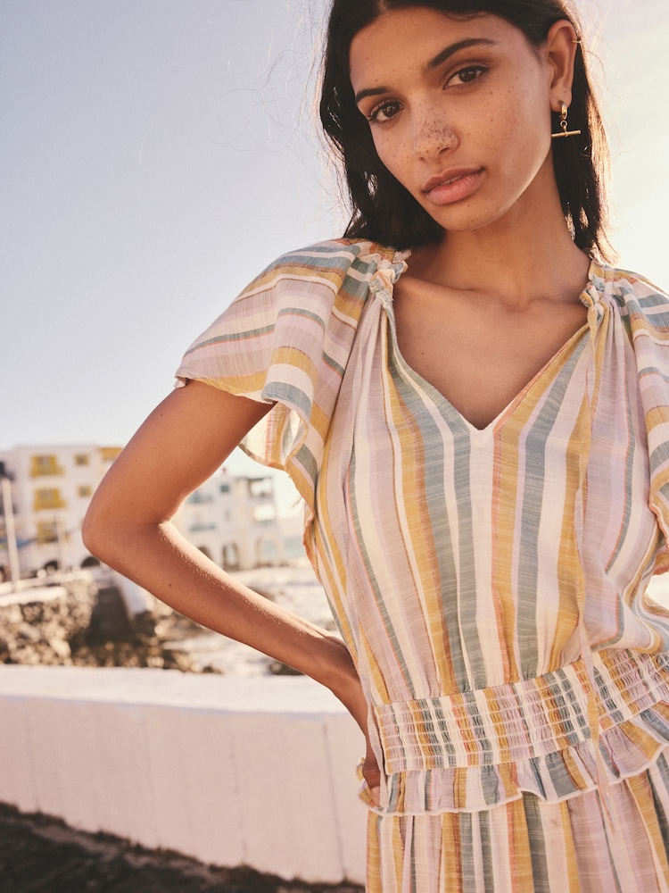 Off White and Blue Stripe Flutter Sleeve Tie Neck Elasticated Waist Tiered Midi Dress - Image 4 of 4