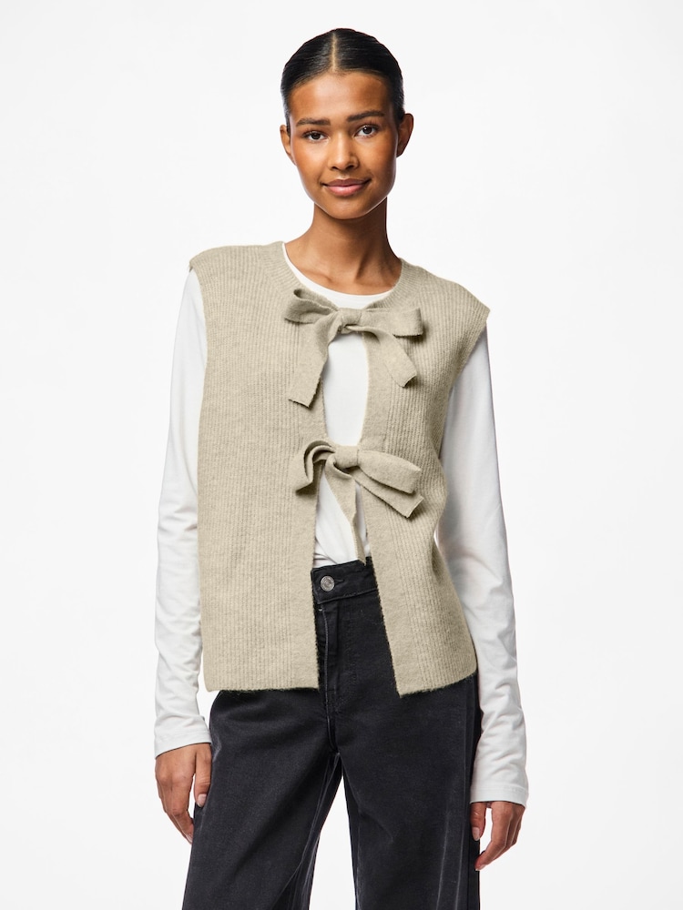 PIECES Cream Tie Front Bow Knitted Sleeveless Vest - Image 1 of 7