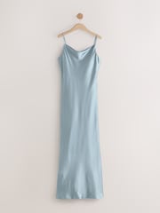 Dusky Blue Bridesmaid Satin Cowl Neck V-Back Maxi Dress - Image 6 of 9
