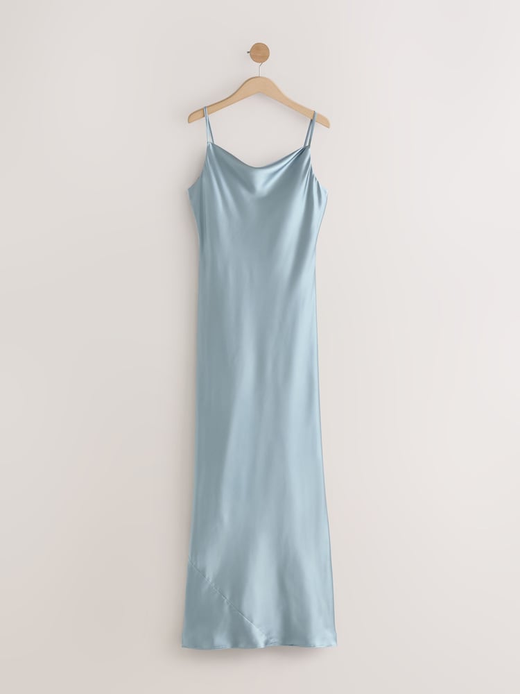 Dusky Blue Bridesmaid Satin Cowl Neck V-Back Maxi Dress - Image 6 of 9