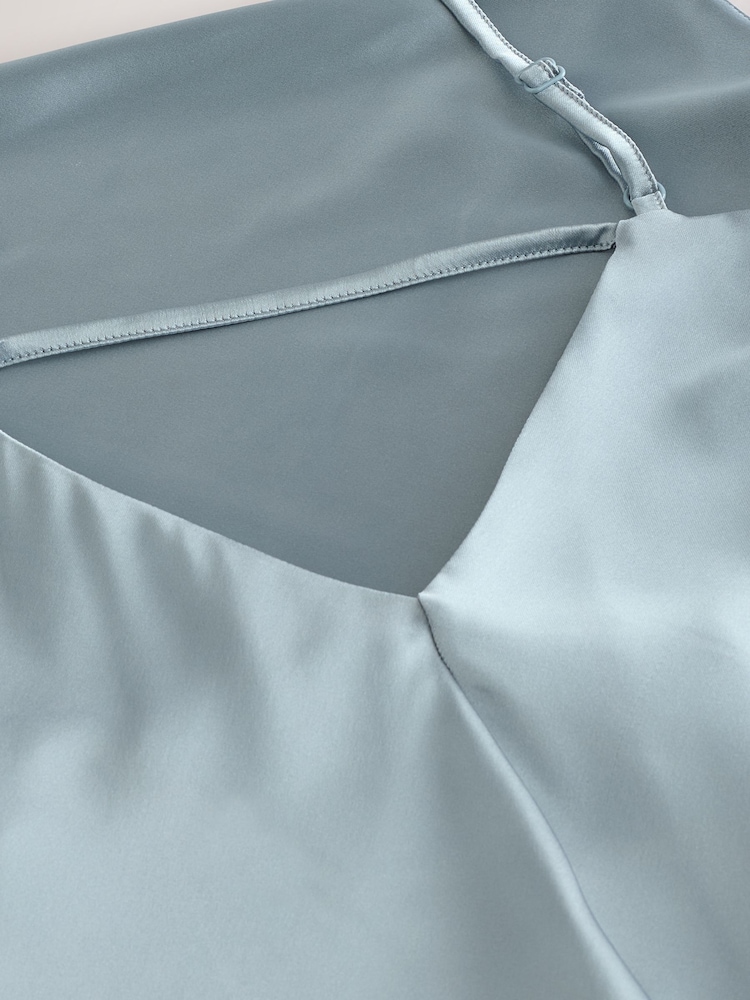 Dusky Blue Bridesmaid Satin Cowl Neck V-Back Maxi Dress - Image 9 of 9