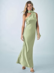 أخضر فاتح - Bridesmaid Satin Maxi One Shoulder Scarf Neck Dress - صورة 1 من 6