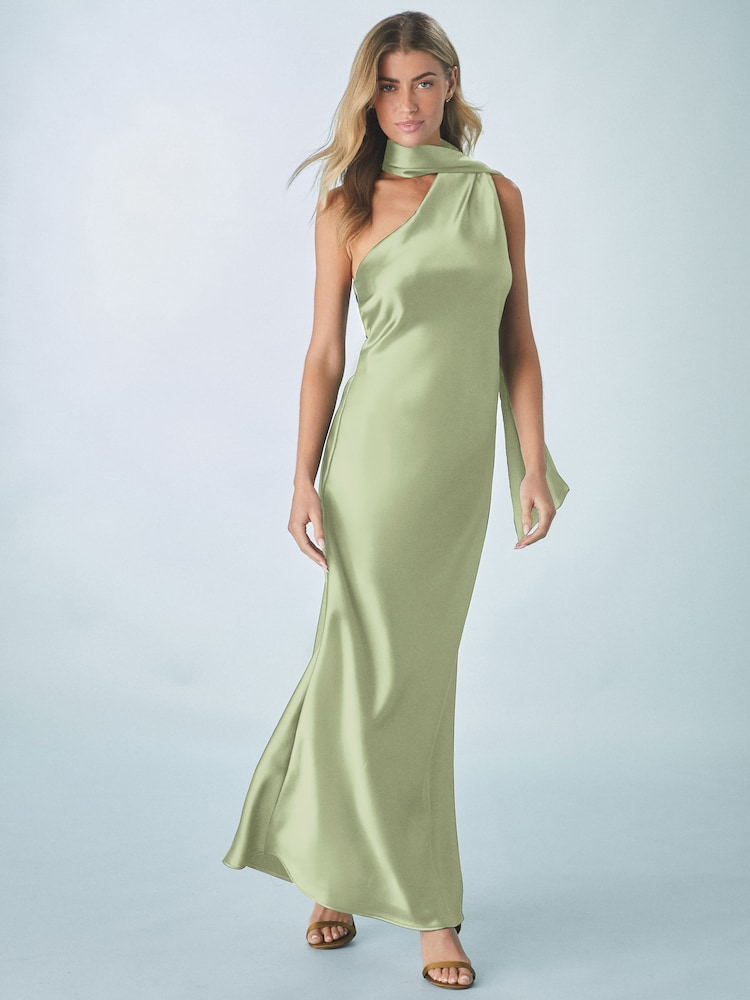 أخضر فاتح - Bridesmaid Satin Maxi One Shoulder Scarf Neck Dress - صورة 1 من 6
