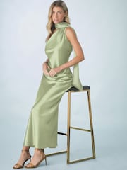 أخضر فاتح - Bridesmaid Satin Maxi One Shoulder Scarf Neck Dress - صورة 2 من 6