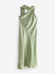 Sage Green Bridesmaid Satin Maxi One Shoulder Scarf Neck Dress - Image 7 of 9