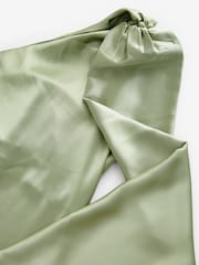 Sage Green Bridesmaid Satin Maxi One Shoulder Scarf Neck Dress - Image 8 of 9