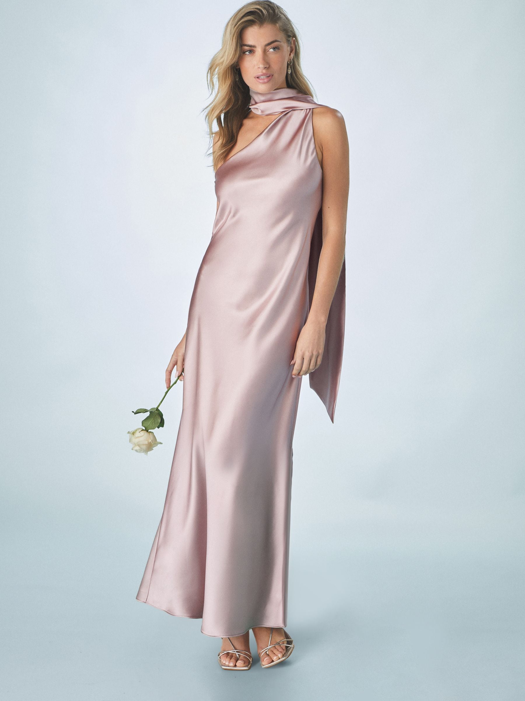 Buy Dusky Pink Bridesmaid Satin Maxi One Shoulder Scarf Neck