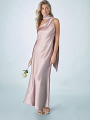 vieux rose - Peignoir de demoiselle d'honneur Satin Maxi à une épaule avec col écharpe - Image 1 de 7