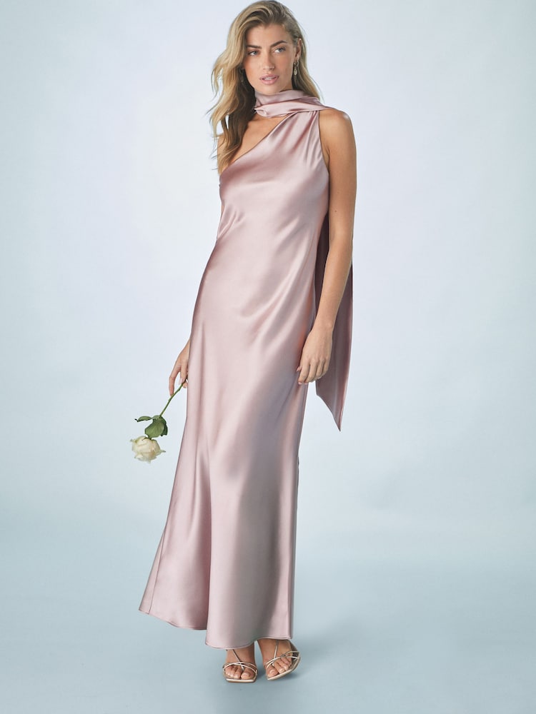 vieux rose - Peignoir de demoiselle d'honneur Satin Maxi à une épaule avec col écharpe - Image 1 de 7