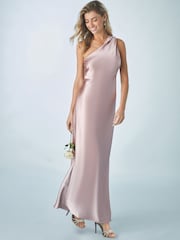 vieux rose - Peignoir de demoiselle d'honneur Satin Maxi à une épaule avec col écharpe - Image 2 de 7