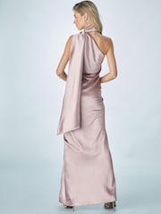 vieux rose - Peignoir de demoiselle d'honneur Satin Maxi à une épaule avec col écharpe - Image 3 de 7