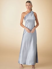 Dusky Blue Bridesmaid Satin Maxi One Shoulder Scarf Neck Dress - Image 1 of 8