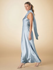 Dusky Blue Bridesmaid Satin Maxi One Shoulder Scarf Neck Dress - Image 2 of 8