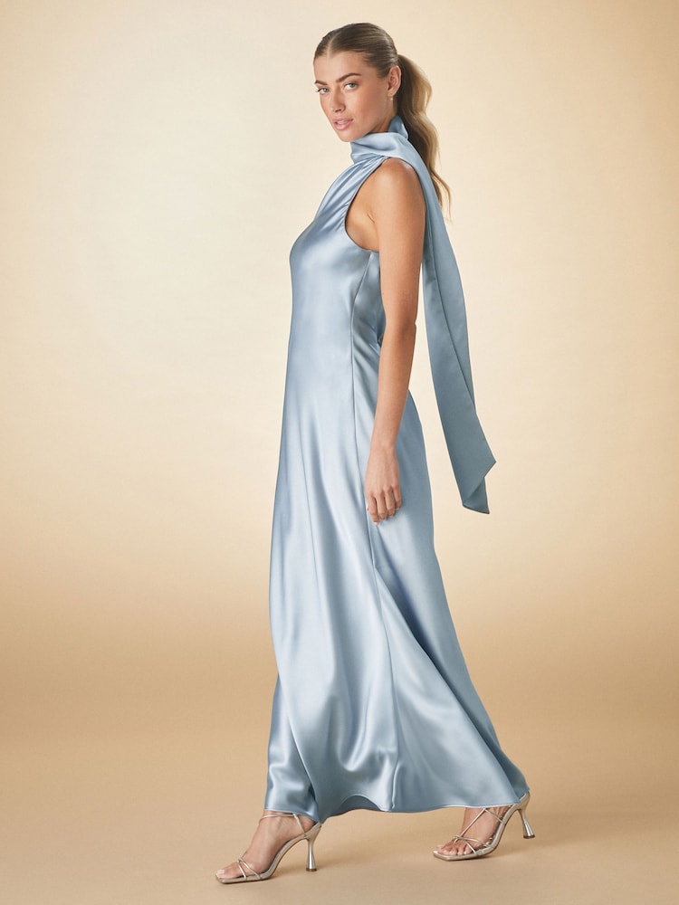 Dusky Blue Bridesmaid Satin Maxi One Shoulder Scarf Neck Dress - Image 2 of 8