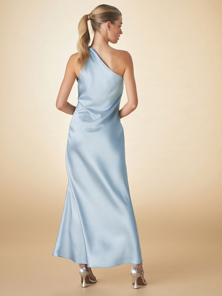 Bleu crépuscule - Robe de demoiselle d’honneur Satin Maxi une épaule à col Écharpe - Image 3 of 8