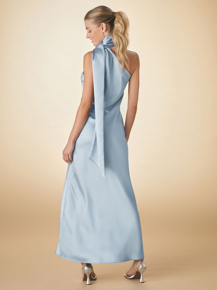 Bleu crépuscule - Robe de demoiselle d’honneur Satin Maxi une épaule à col Écharpe - Image 5 of 8
