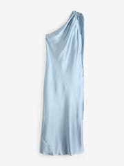 Dusky Blue Bridesmaid Satin Maxi One Shoulder Scarf Neck Dress - Image 7 of 8