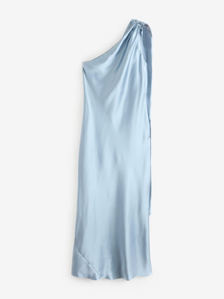 Bleu crépuscule - Robe de demoiselle d’honneur Satin Maxi une épaule à col Écharpe - Image 7 of 8