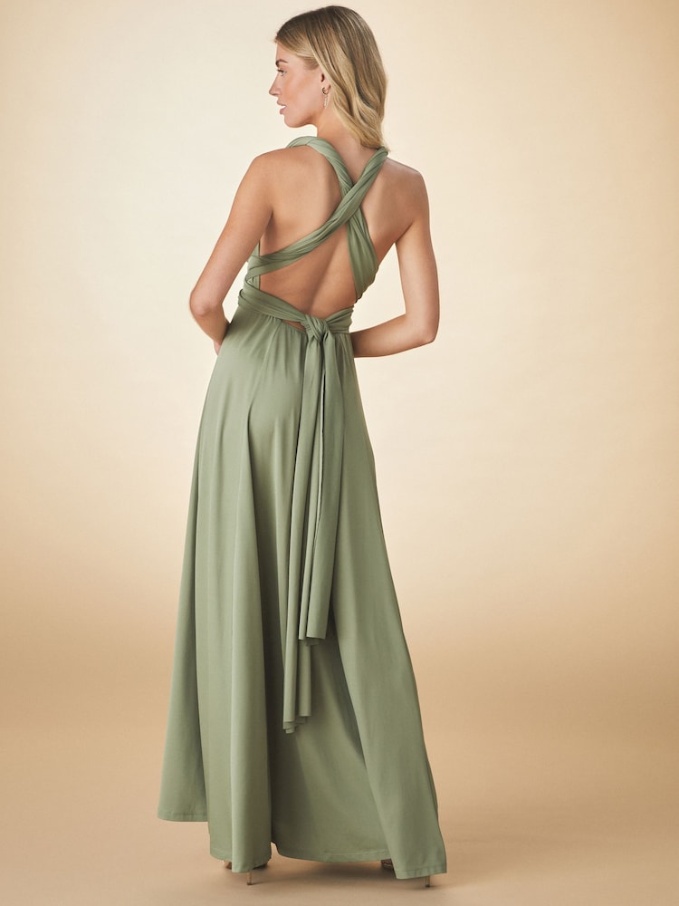 Vert olive - Robe longue de demoiselle d’honneur multicolore en jersey - Image 4 of 10
