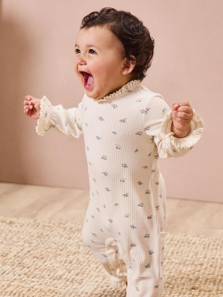 MORI Cream Floral Print Organic Cotton And Bamboo All-In-One Romper - Image 1 of 6