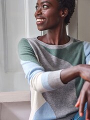 Pure Collection Wool Cashmere Abstract Intarsia Crew Neck White Jumper - Image 3 of 3